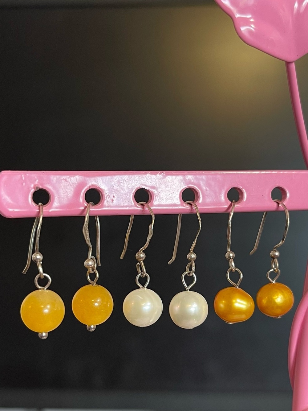 Sterling Silver 925 Genuine Pearl and Yellow Stone Drop Earrings Set